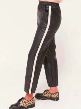 Urban Outfitters Black Faux Leather Track Pants with Cream Side Stripes M